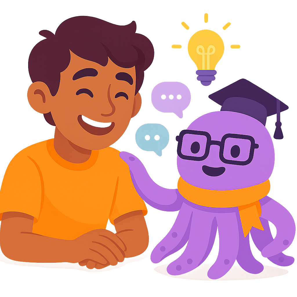 Teen collaborating with a friendly octopus-style AI helper in Kidslab style