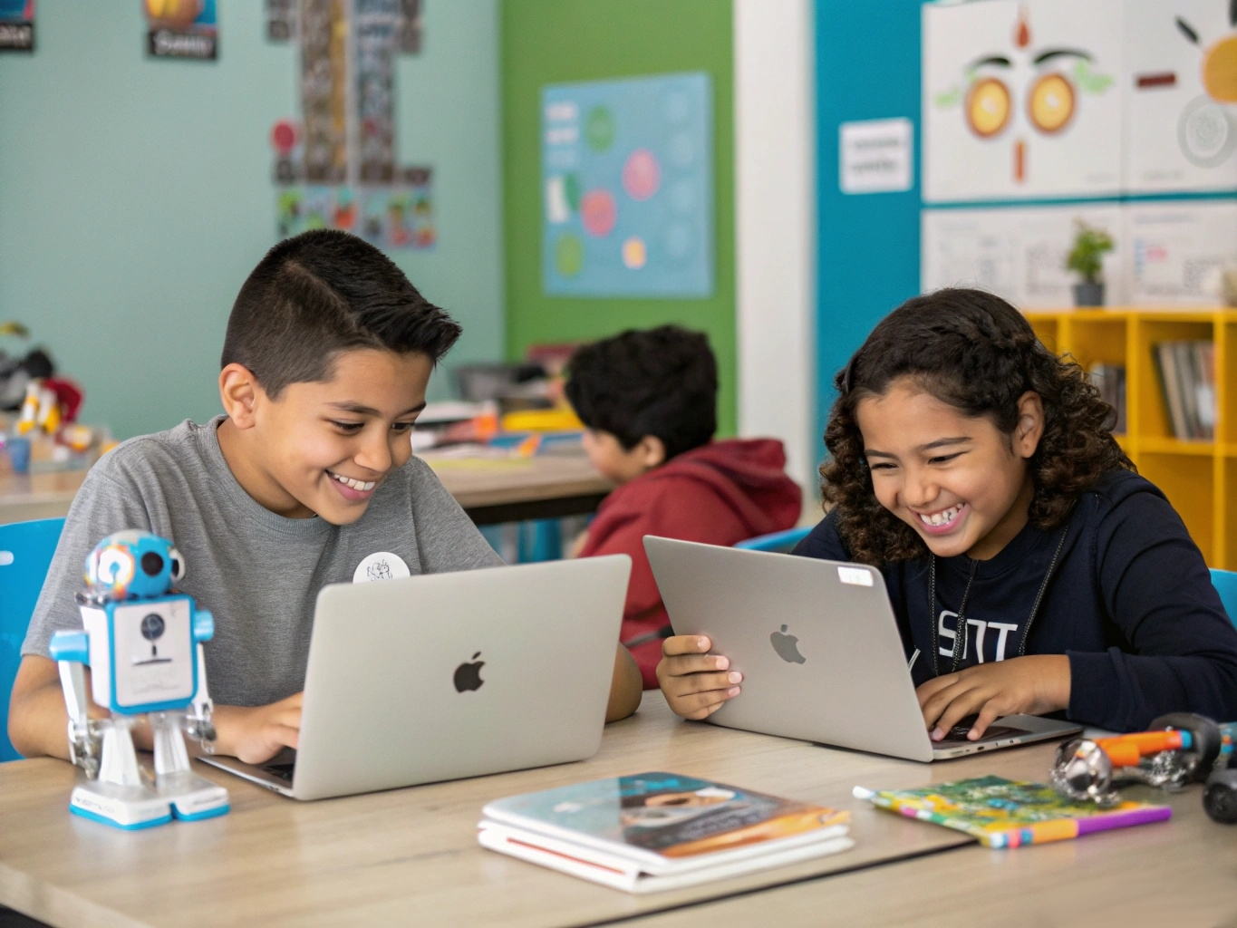 Happy kids learning tech together